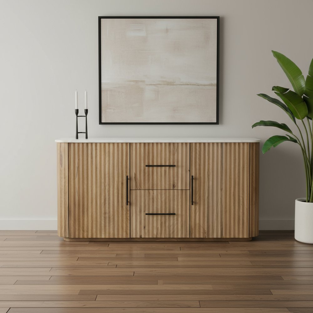 Brown and White Solid Wood and Marble Ribbed Texture Sideboard with Two Doors