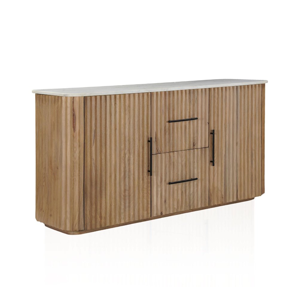 Brown and White Solid Wood and Marble Ribbed Texture Sideboard with Two Doors