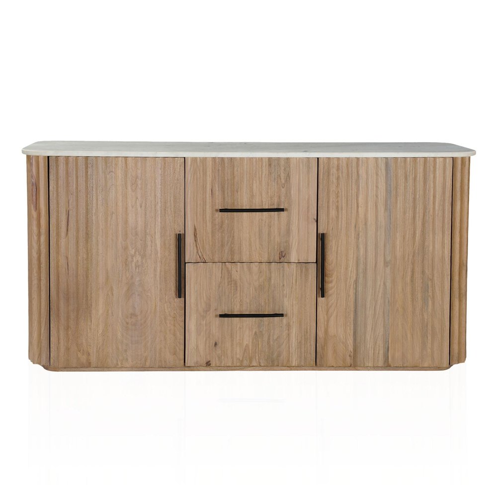 Brown and White Solid Wood and Marble Ribbed Texture Sideboard with Two Doors