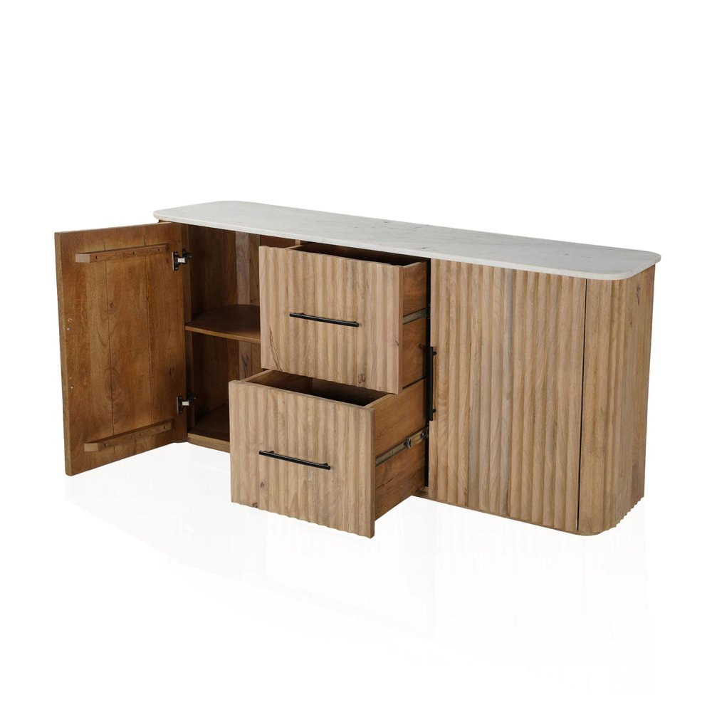 Brown and White Solid Wood and Marble Ribbed Texture Sideboard with Two Doors