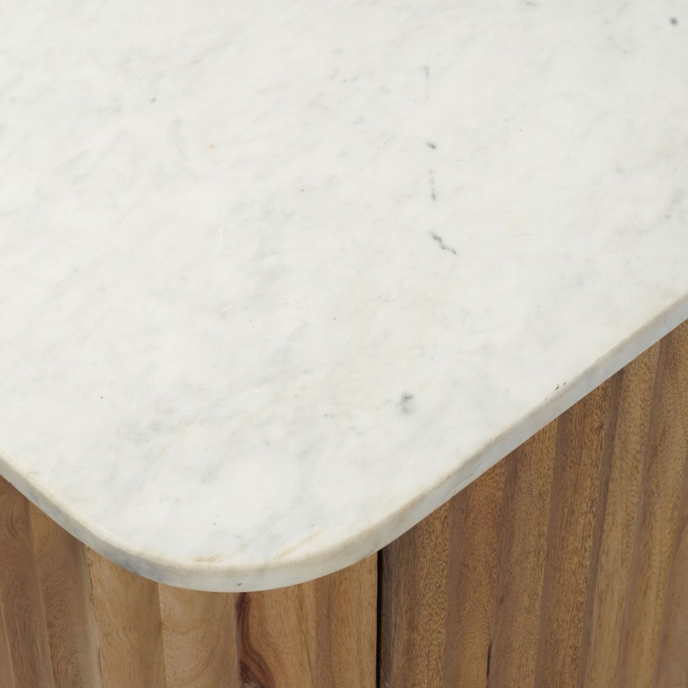 Brown and White Solid Wood and Marble Ribbed Texture Sideboard with Two Doors