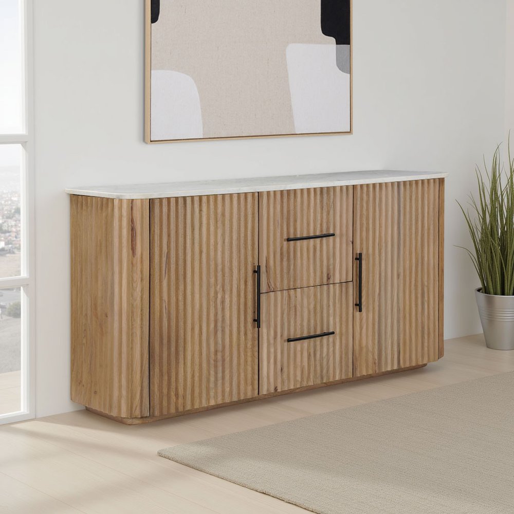 Brown and White Solid Wood and Marble Ribbed Texture Sideboard with Two Doors