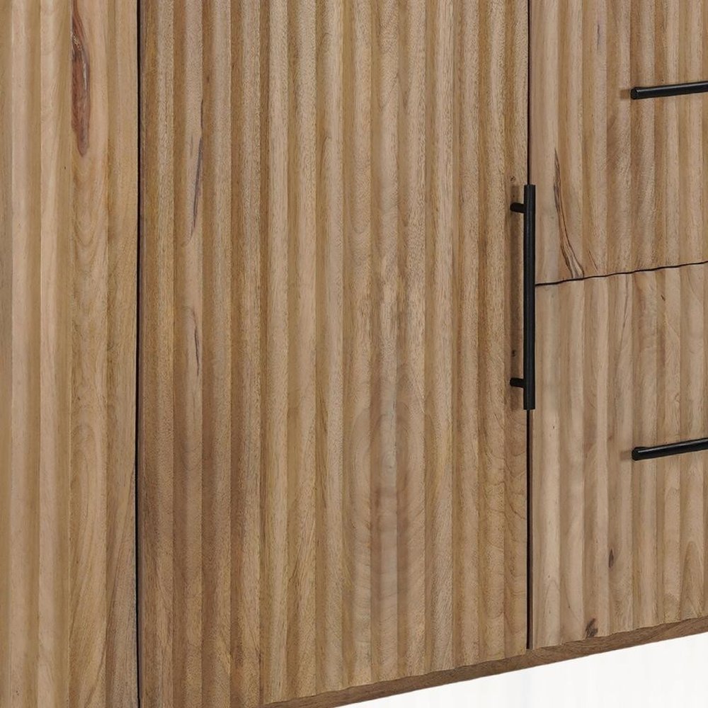 Brown and White Solid Wood and Marble Ribbed Texture Sideboard with Two Doors