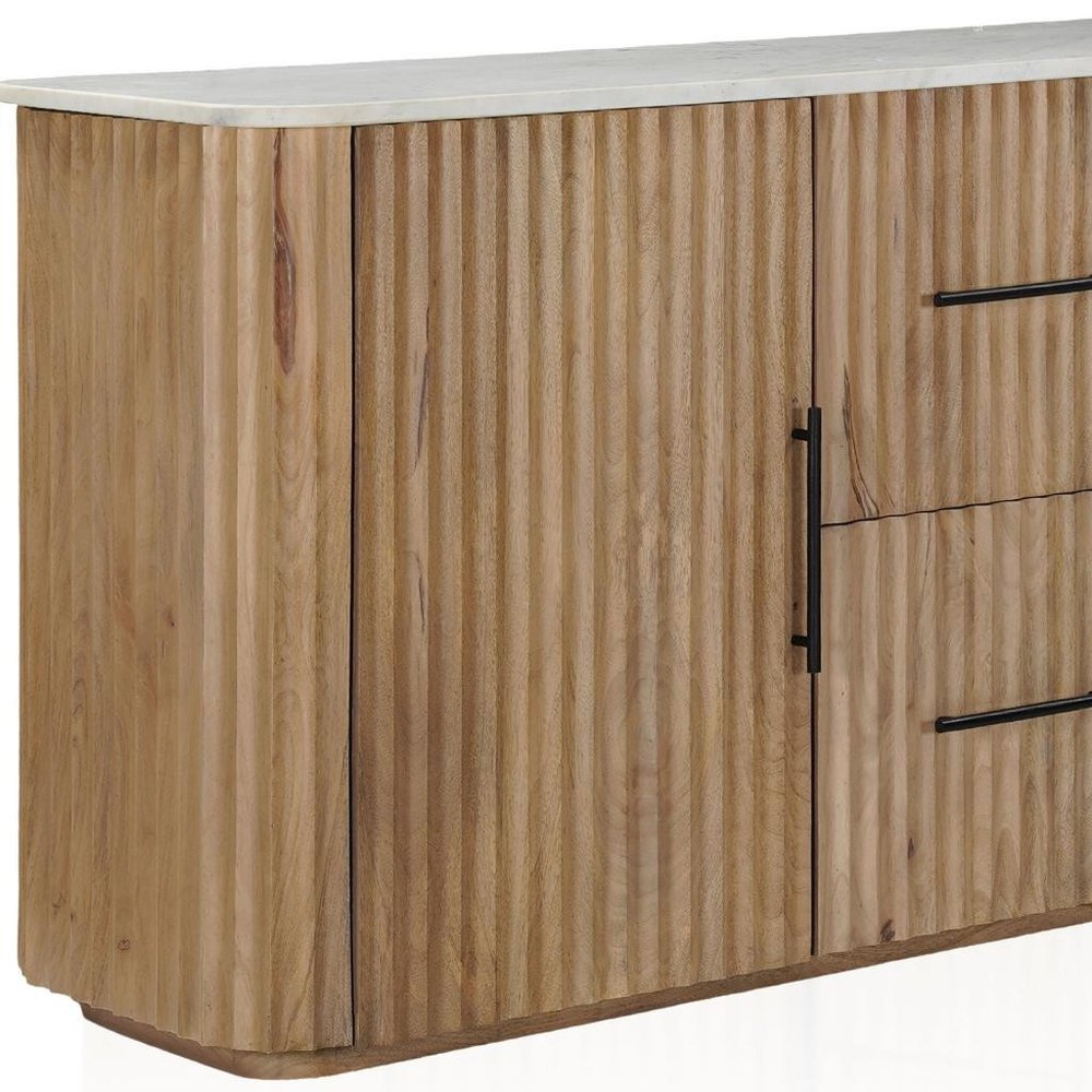 Brown and White Solid Wood and Marble Ribbed Texture Sideboard with Two Doors