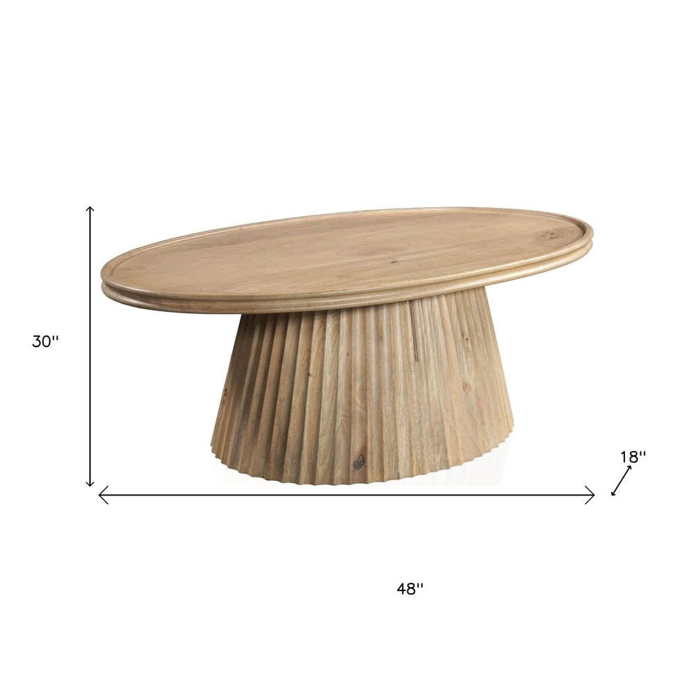 Light Brown Solid Wood Oval Pedestal Coffee Table - 48-inch