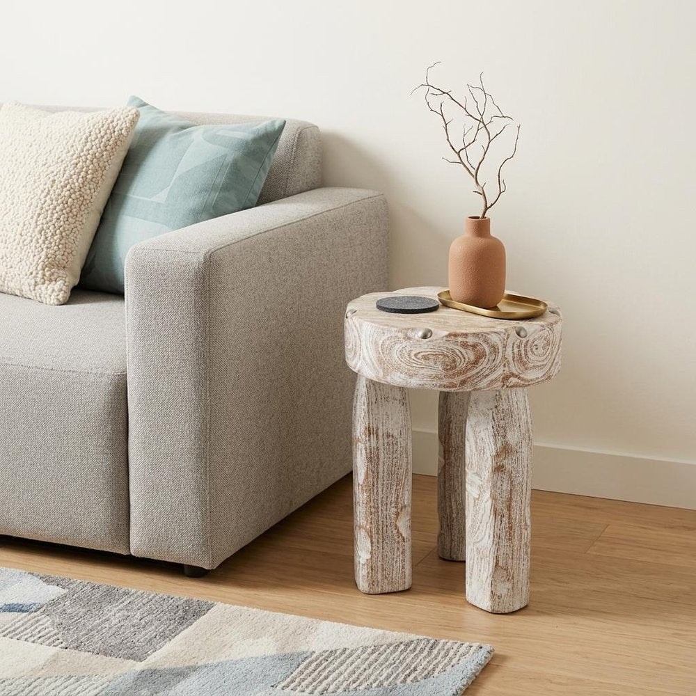 White Distressed Solid Wood Round End Table - 19-inch