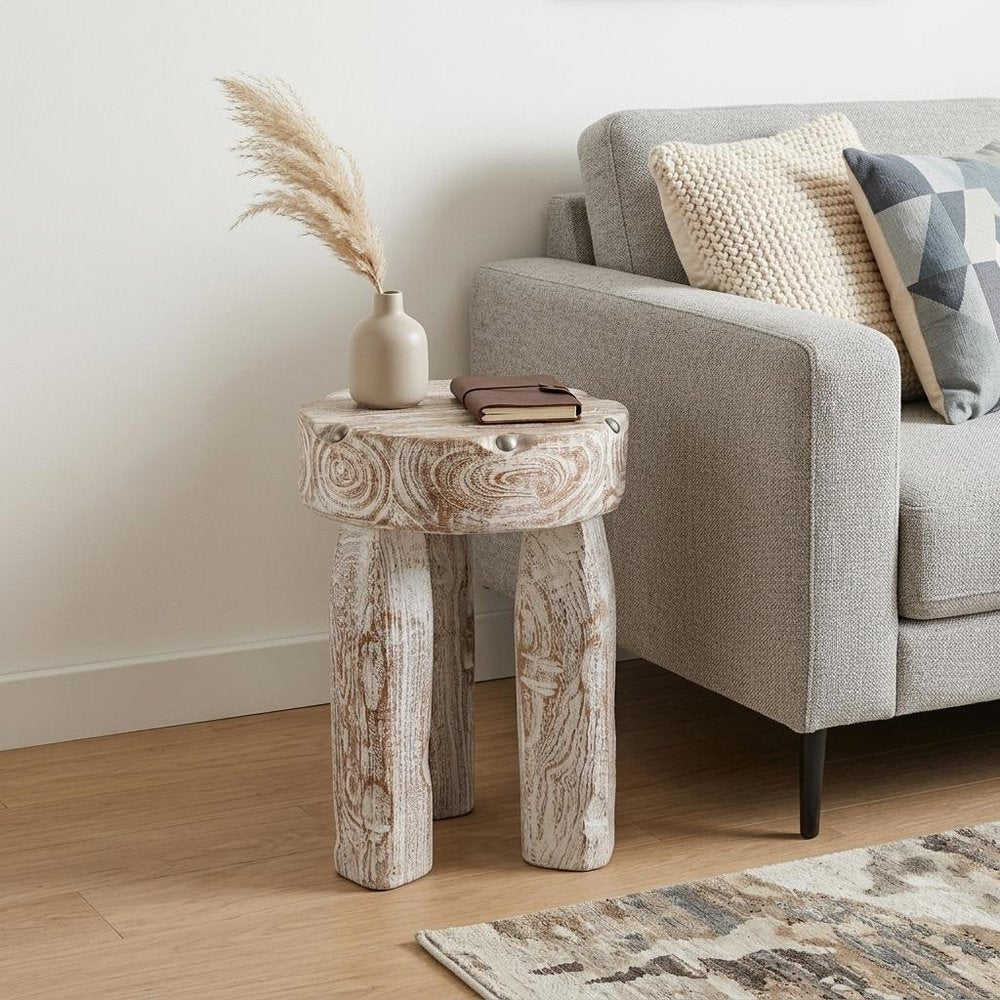 White Distressed Solid Wood Round End Table - 19-inch