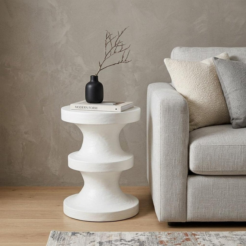 White Lime Plaster Round Pedestal End Table - 22-inch