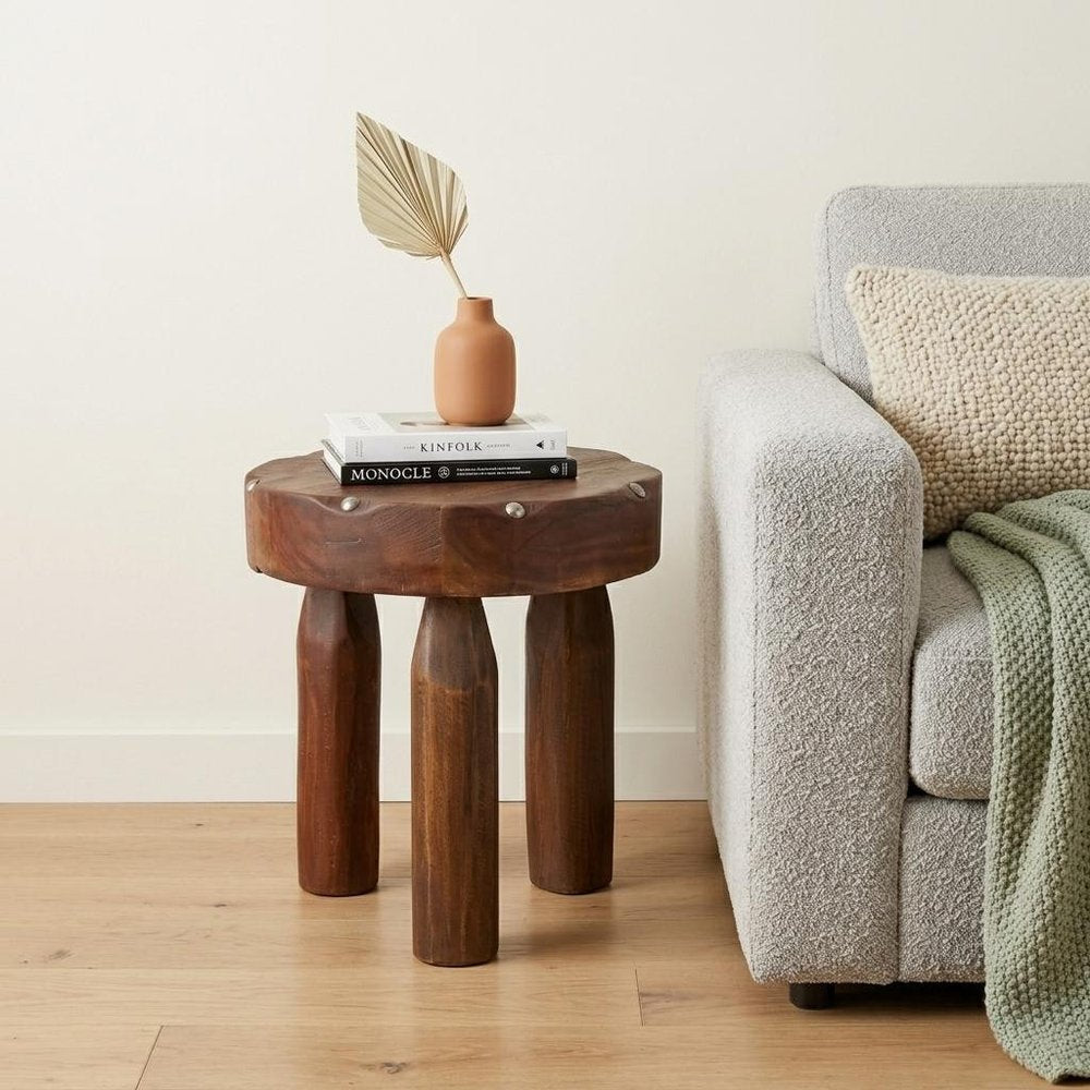 Brown Distressed Reclaimed Wood Round End Table - 19-inch