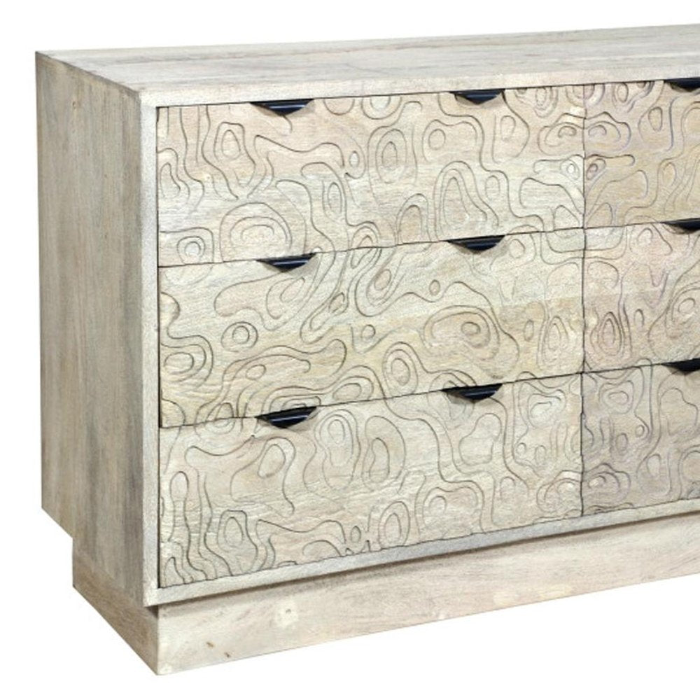 Gray Carved Geometric Solid Wood Six Drawer Dresser - 57-inch