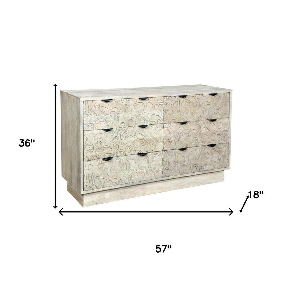 Gray Carved Geometric Solid Wood Six Drawer Dresser - 57-inch