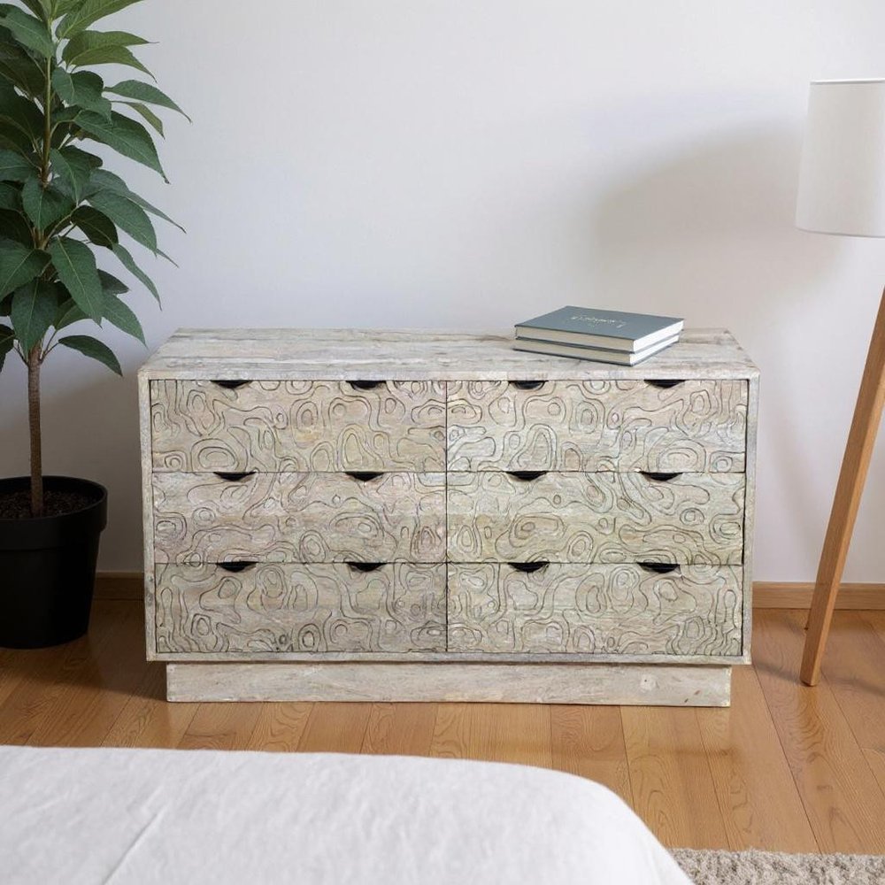 Gray Carved Geometric Solid Wood Six Drawer Dresser - 57-inch