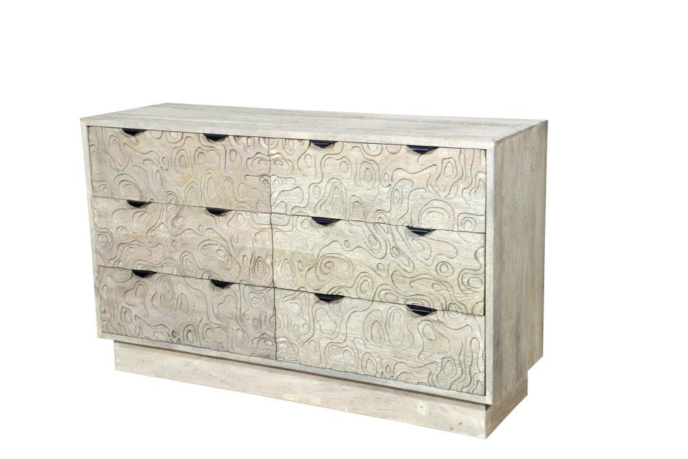 Gray Carved Geometric Solid Wood Six Drawer Dresser - 57-inch