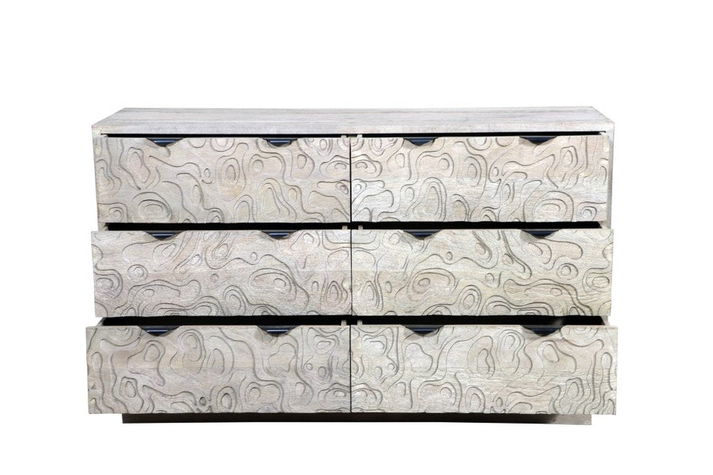Gray Carved Geometric Solid Wood Six Drawer Dresser - 57-inch