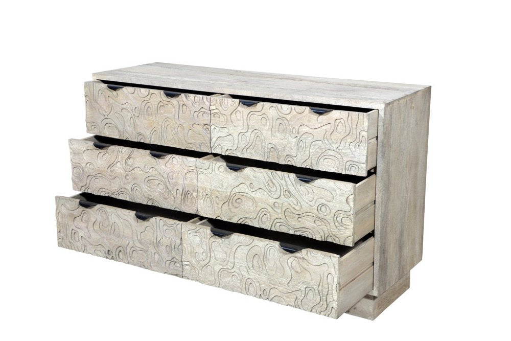 Gray Carved Geometric Solid Wood Six Drawer Dresser - 57-inch