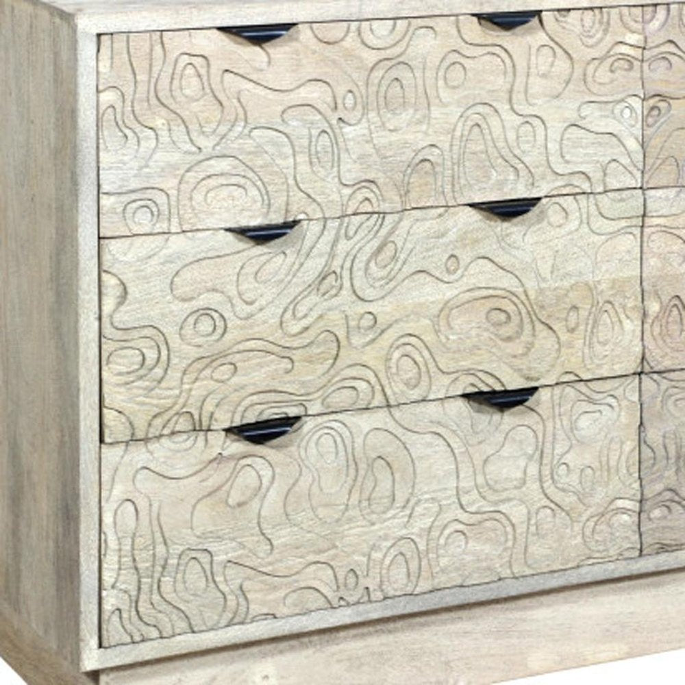 Gray Carved Geometric Solid Wood Six Drawer Dresser - 57-inch