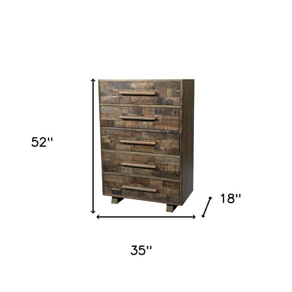 Brown Carved Geometric Solid Wood Five Drawer Dresser - 35-inch