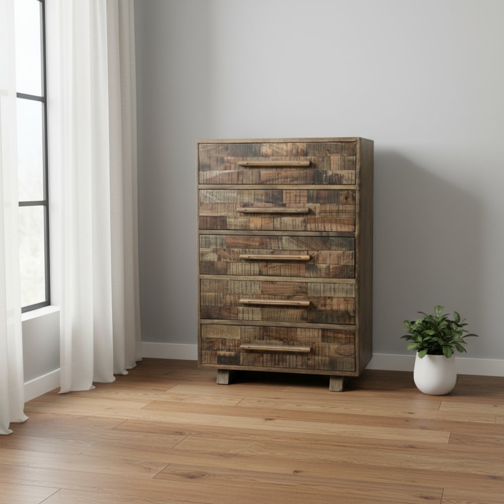 Brown Carved Geometric Solid Wood Five Drawer Dresser - 35-inch