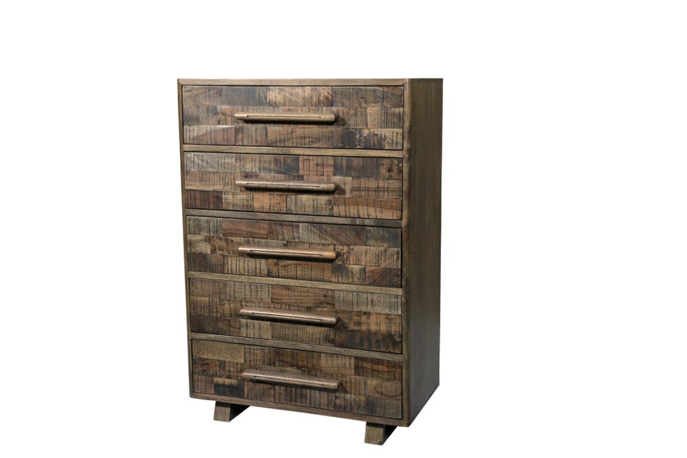 Brown Carved Geometric Solid Wood Five Drawer Dresser - 35-inch