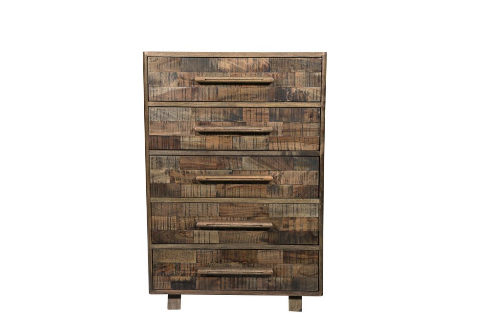 Brown Carved Geometric Solid Wood Five Drawer Dresser - 35-inch
