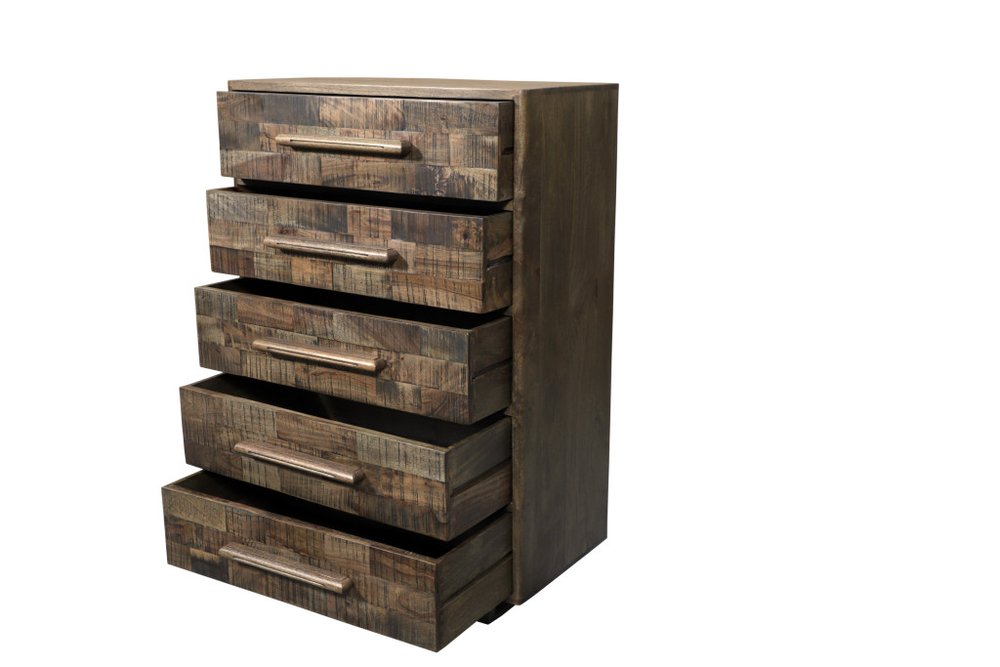 Brown Carved Geometric Solid Wood Five Drawer Dresser - 35-inch