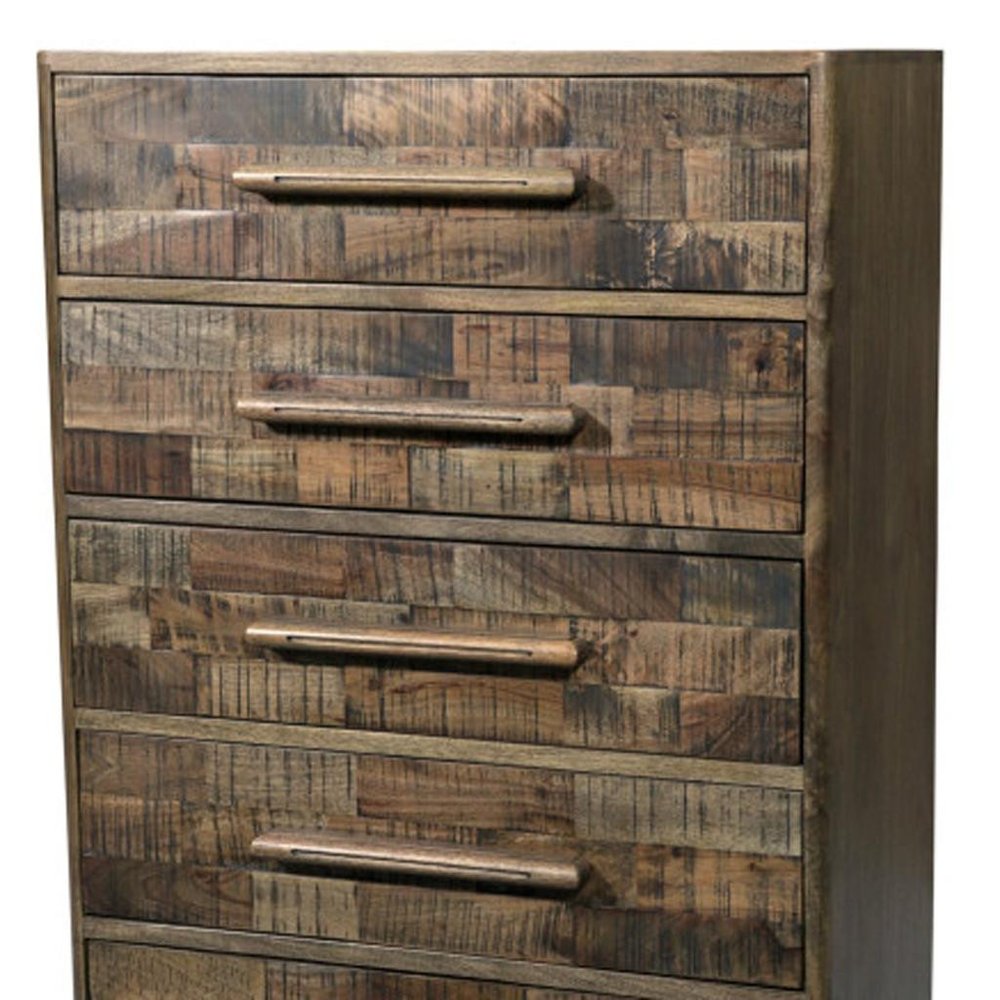 Brown Carved Geometric Solid Wood Five Drawer Dresser - 35-inch