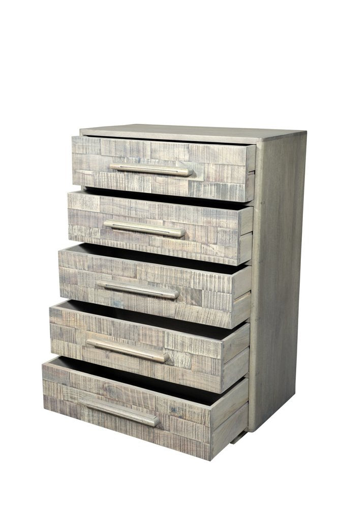 Gray Carved Geometric Solid Wood Five Drawer Dresser - 35-inch