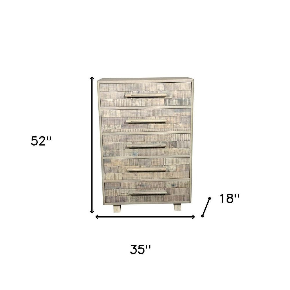 Gray Carved Geometric Solid Wood Five Drawer Dresser - 35-inch