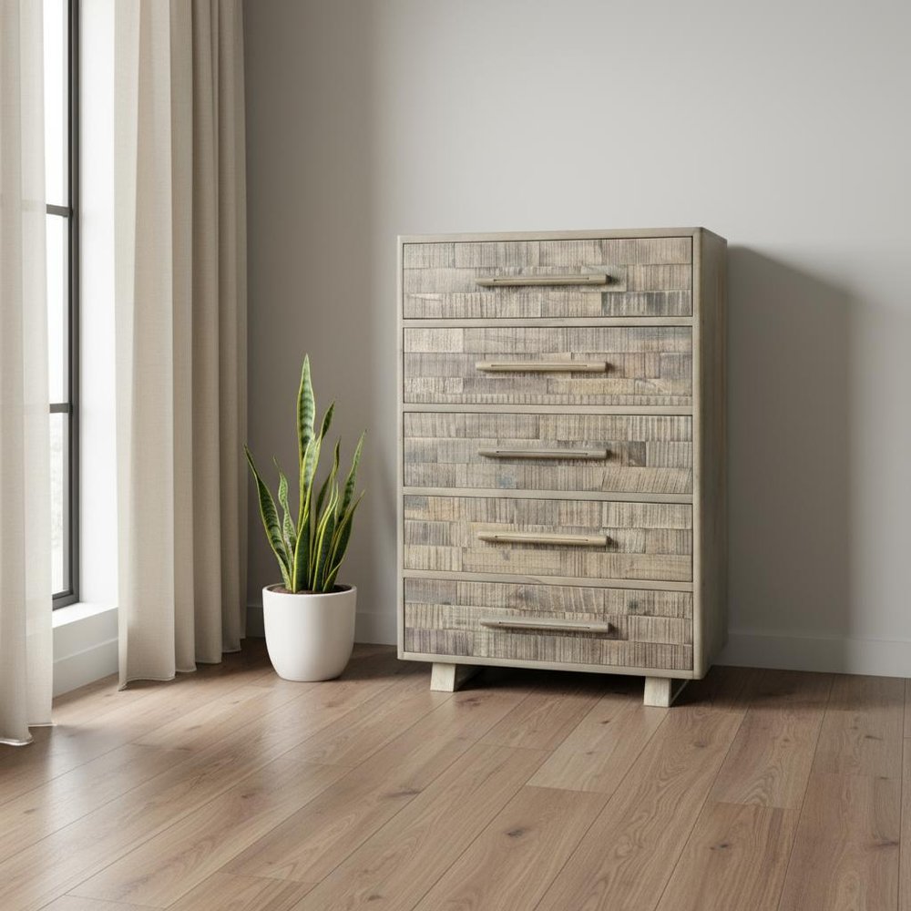 Gray Carved Geometric Solid Wood Five Drawer Dresser - 35-inch