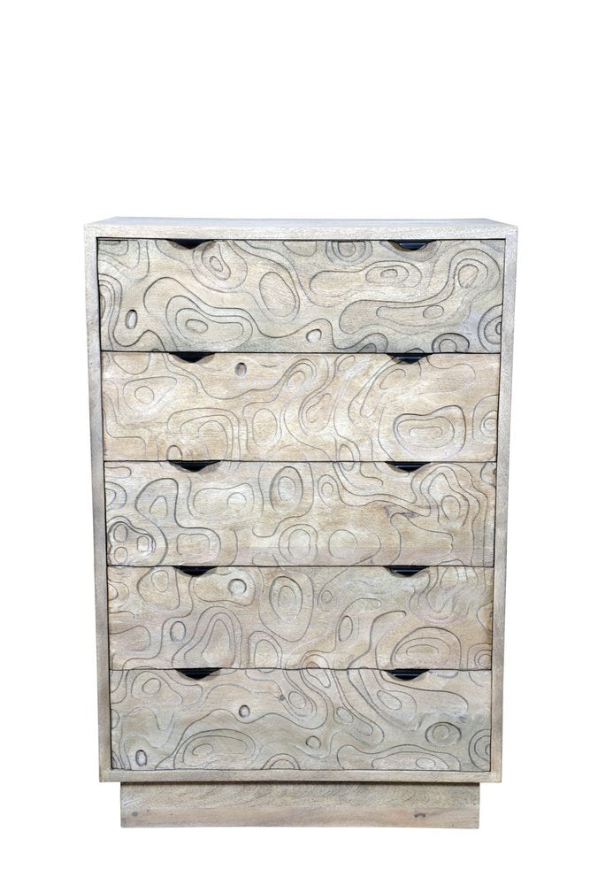 Gray Carved Abstract Solid Wood Five Drawer Dresser - 35-inch