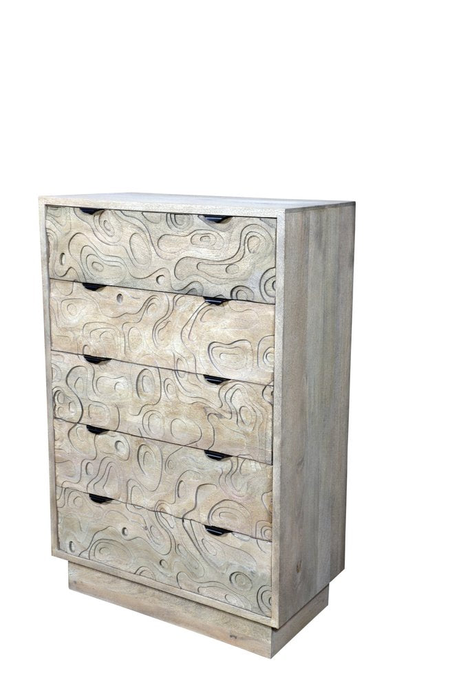 Gray Carved Abstract Solid Wood Five Drawer Dresser - 35-inch