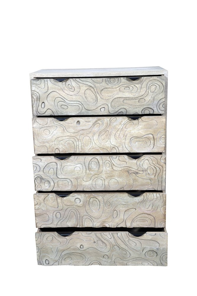 Gray Carved Abstract Solid Wood Five Drawer Dresser - 35-inch