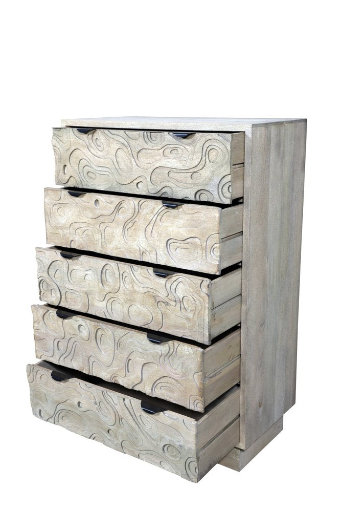 Gray Carved Abstract Solid Wood Five Drawer Dresser - 35-inch