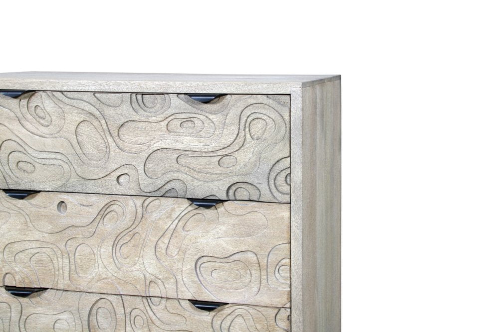 Gray Carved Abstract Solid Wood Five Drawer Dresser - 35-inch