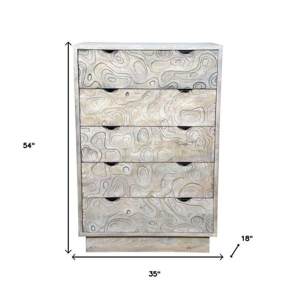 Gray Carved Abstract Solid Wood Five Drawer Dresser - 35-inch