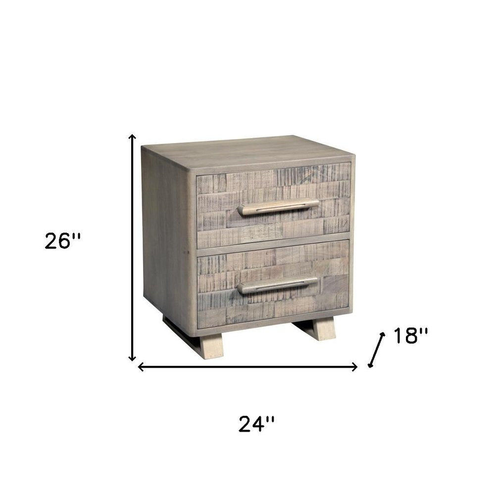 Gray Solid Wood Carved Geometric Two Drawer Nightstand - 26-inch