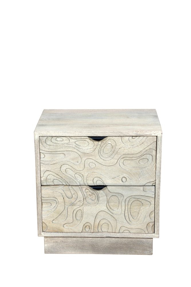 Gray Solid Wood Carved Abstract Two Drawer Nightstand - 26-inch