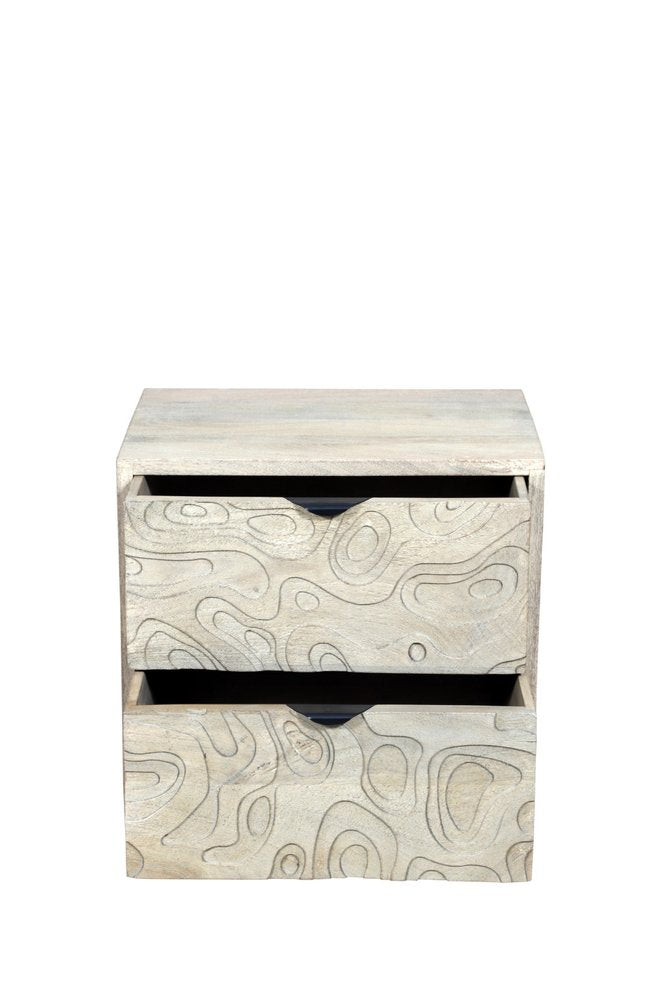 Gray Solid Wood Carved Abstract Two Drawer Nightstand - 26-inch