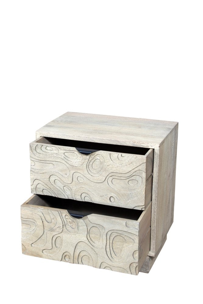 Gray Solid Wood Carved Abstract Two Drawer Nightstand - 26-inch