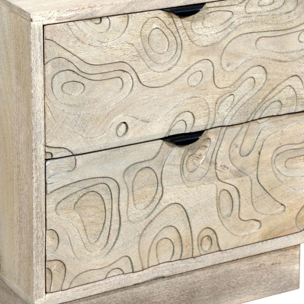 Gray Solid Wood Carved Abstract Two Drawer Nightstand - 26-inch