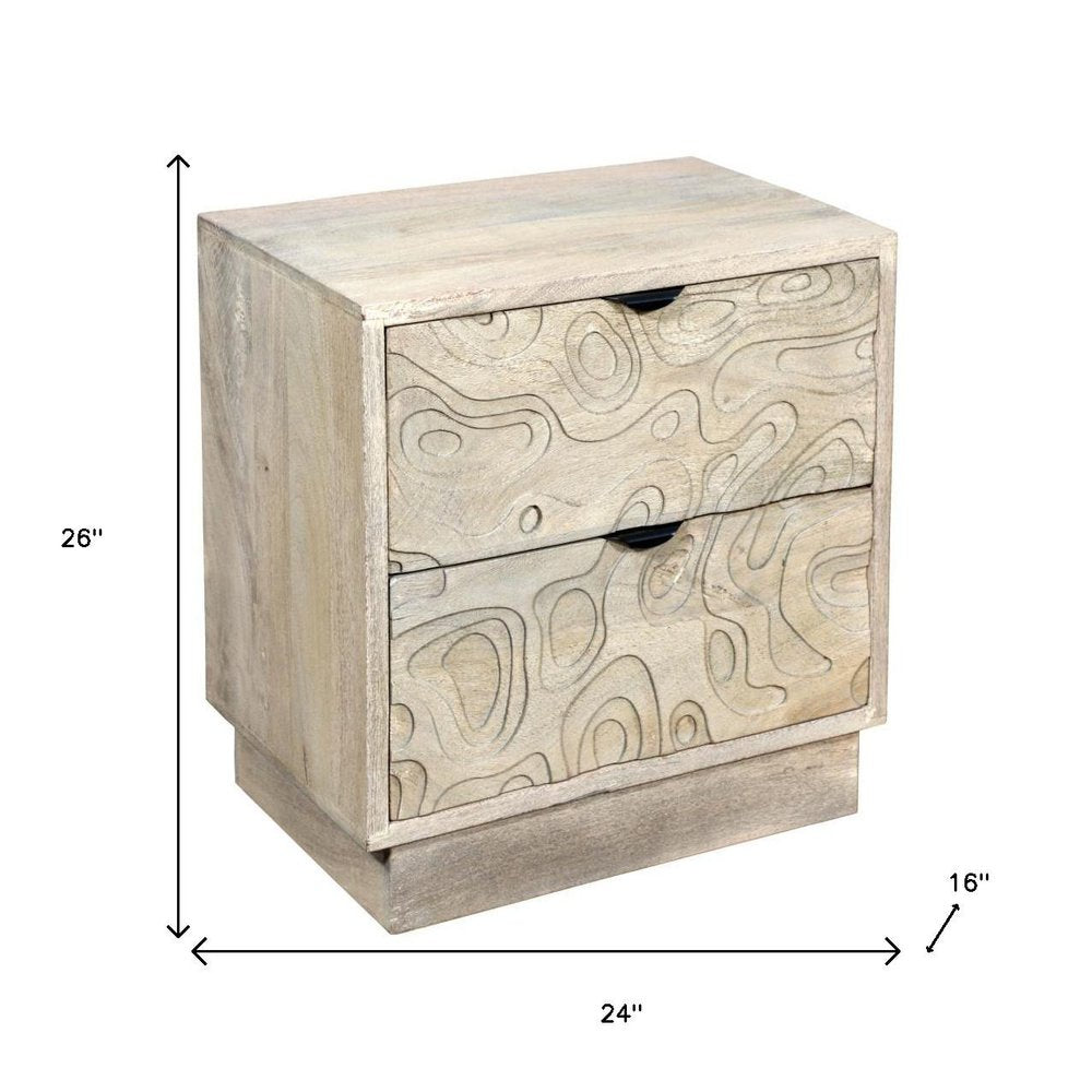 Gray Solid Wood Carved Abstract Two Drawer Nightstand - 26-inch