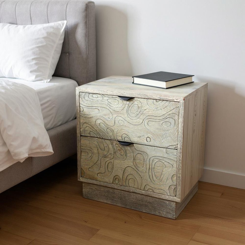 Gray Solid Wood Carved Abstract Two Drawer Nightstand - 26-inch