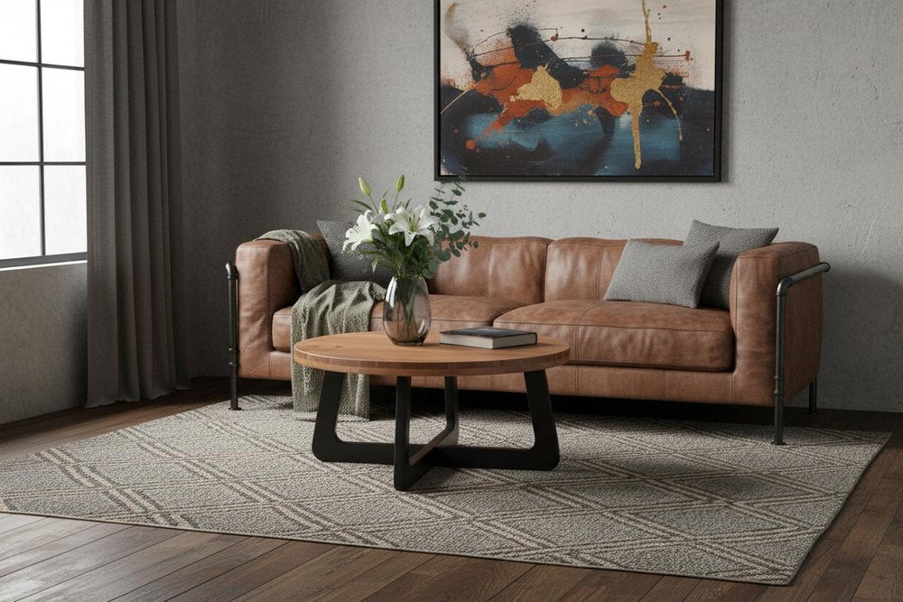 Brown and Black Solid Wood and Iron Round Cross Legs Coffee Table