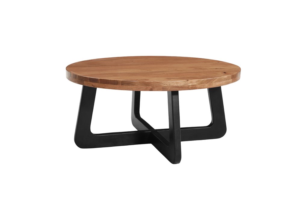Brown and Black Solid Wood and Iron Round Cross Legs Coffee Table