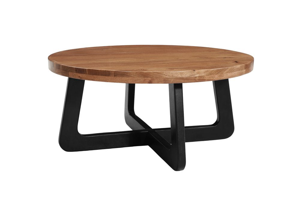 Brown and Black Solid Wood and Iron Round Cross Legs Coffee Table