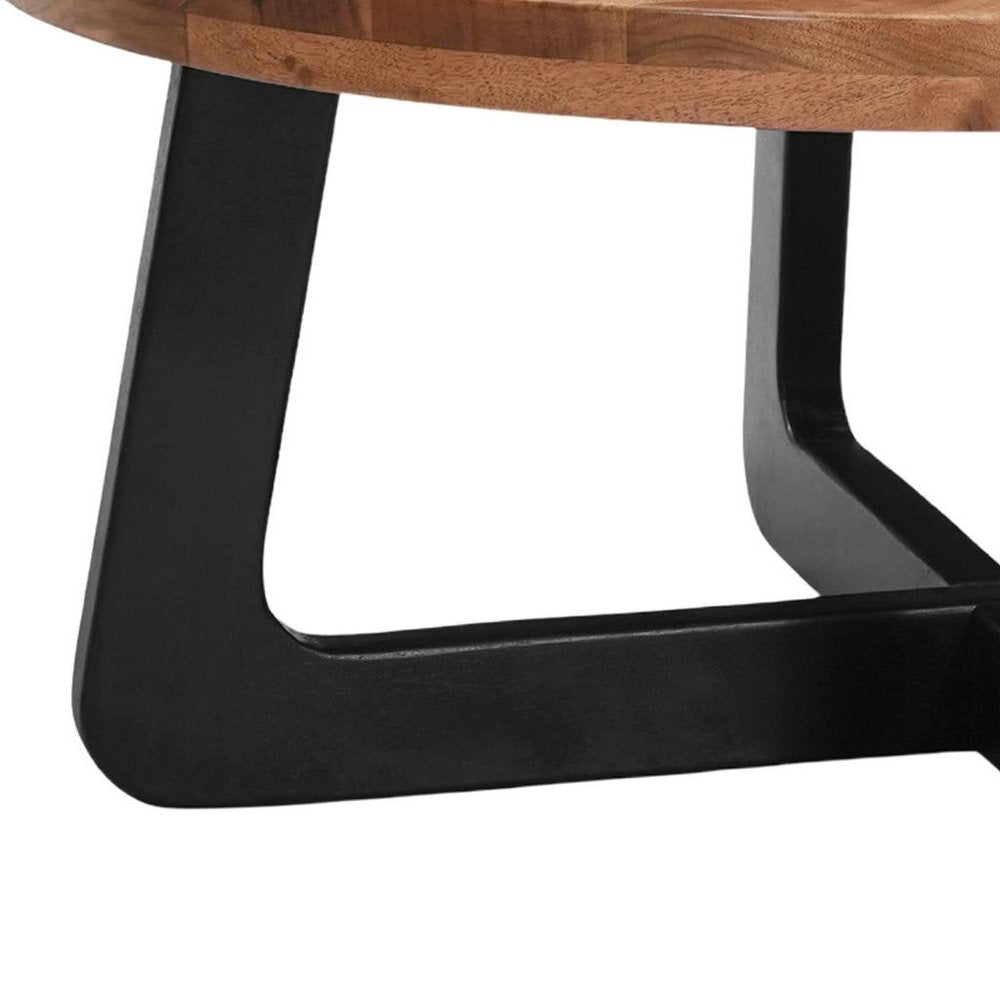 Brown and Black Solid Wood and Iron Round Cross Legs Coffee Table