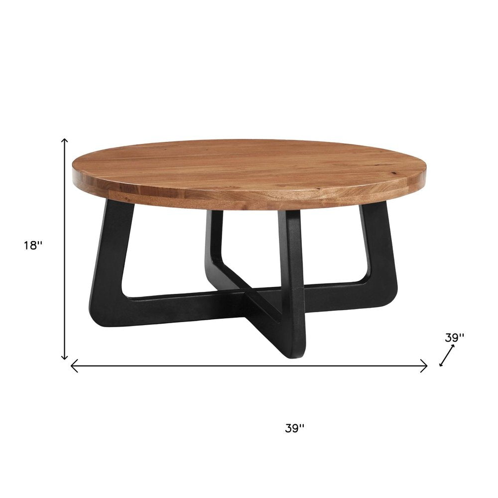 Brown and Black Solid Wood and Iron Round Cross Legs Coffee Table
