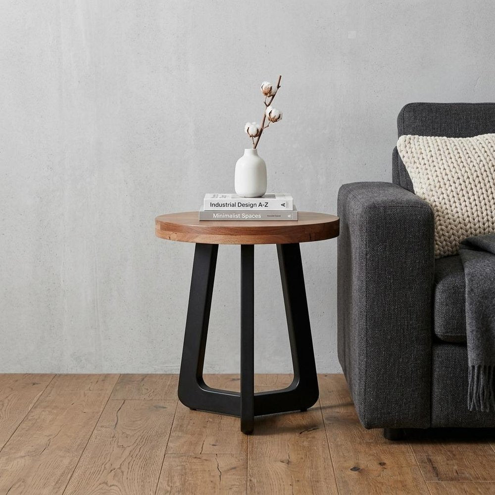 Brown and Black Solid Wood and Iron Round Cross Legs End Table