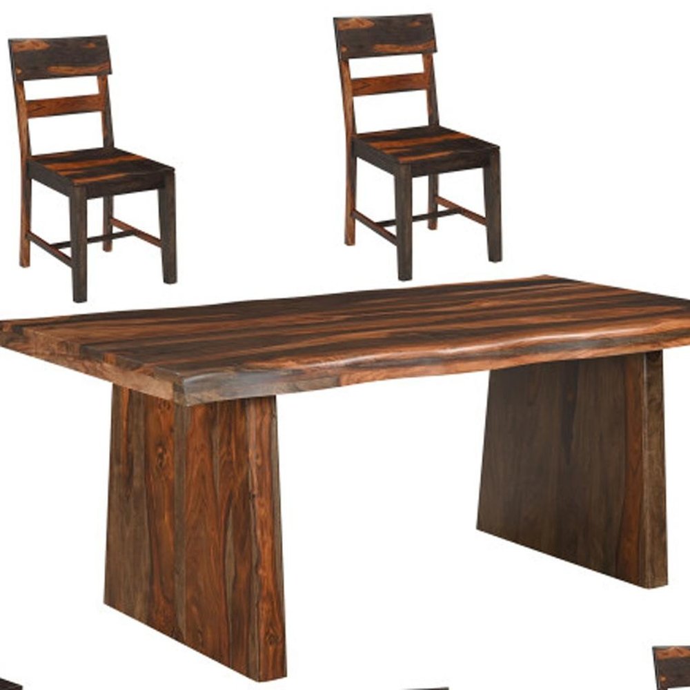 Seven Piece Brown Solid Wood Dining Set with Six Chairs and One Bench