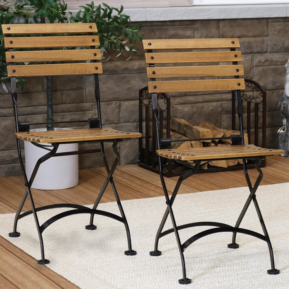 Set of Two Brown Steel Outdoor Folding Accent Chairs